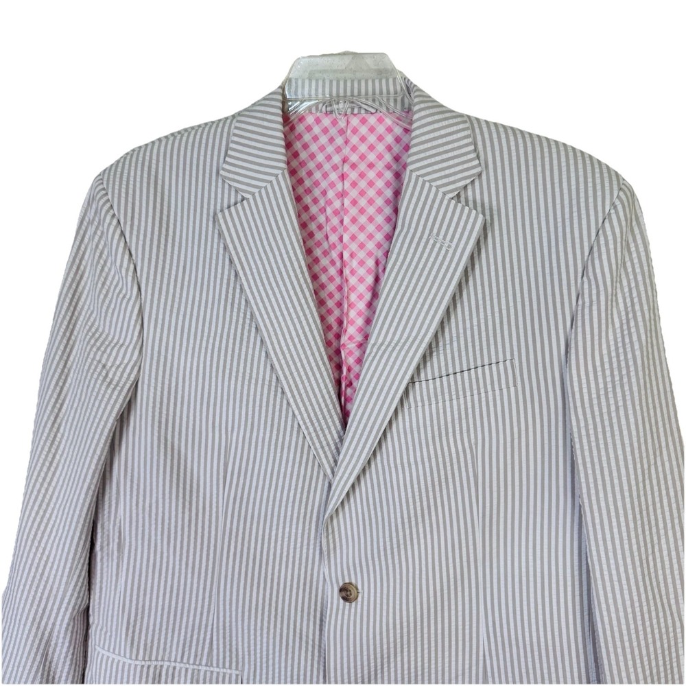 Vineyard Vines Seersucker Men Beige Cotton Blazer 44L Lining Pink Check Silk NWT - Picture 3 of 11